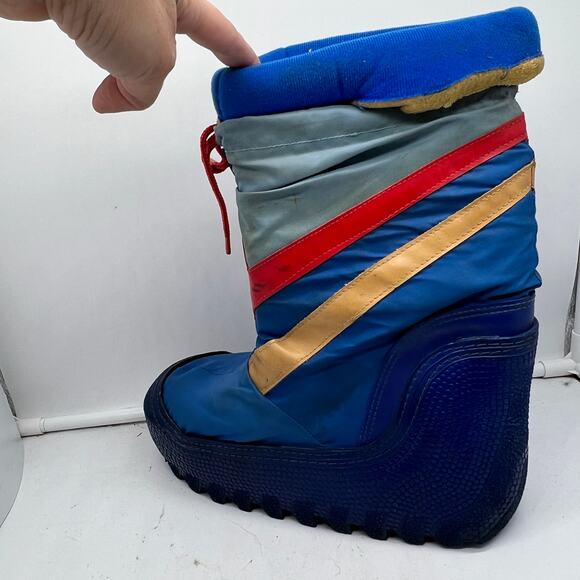 Vintage 80s Snow Boot Youth 4-5 Blue Nylon Stripe Winter Moon - Picture 2 of 12